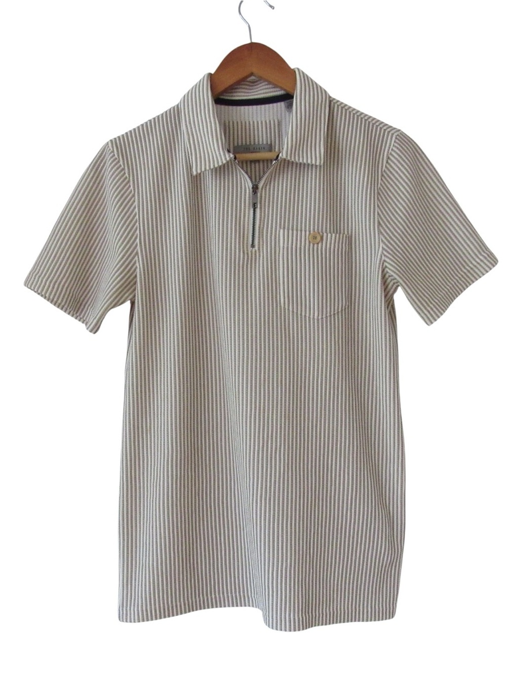 Ted Baker Mens Zip Neck Polo Shirt 2 Small Short Sleeves Textured Brown Stripe